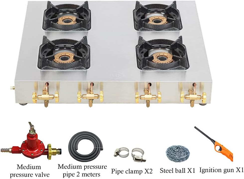 Gas Cooktop Commercial Medium-Pressure Liquefied Gas Stoves, 2/3/4/6/8 Burner Stove, Infinitely Adjust The Electronic Ignition (4 burner) ()