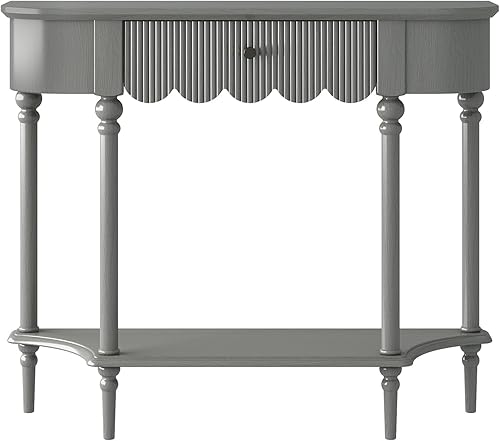 Miniatura 6 de MUSEHOMEINC Mesa consola vintage de madera maciza con cajón y estante de almacenamiento abierto, mesa de entrada gris curvada francesa para pasillo,