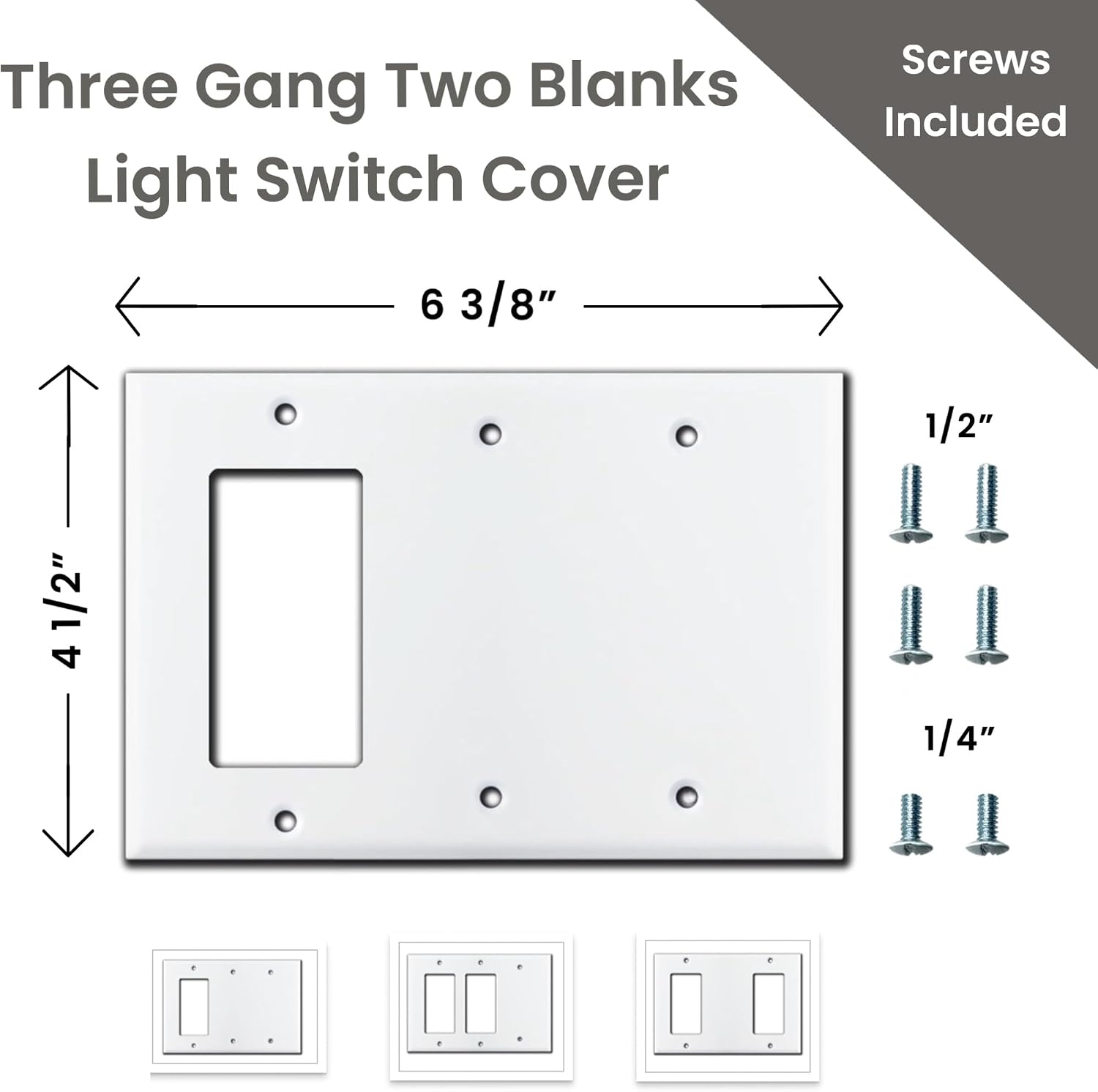 Corla Metal Switch Plate Triple Gang With Blank Outlet Light Cover 3 Gang 1 or 2 Blanks Center White Rocker Decorative Smooth Large Size for GFCI Receptacle (Two Blank, 2-Pack)