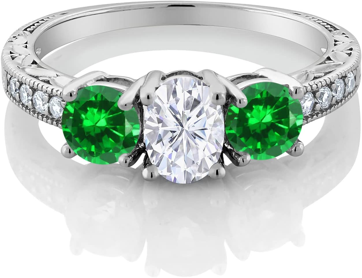 Gem Stone King 925 Sterling Silver Green Created Emerald and White Moissanite Women Ring (2.70 Cttw)