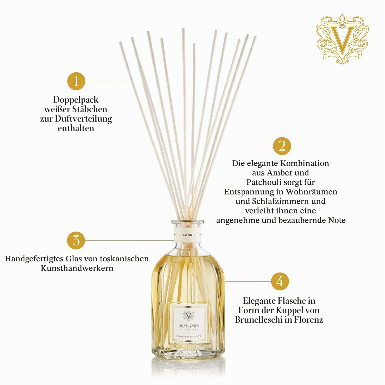 Dr. Vranjes - Ambra 250 ml Diffuser + Doppelback weiße Stäbchen (3 Stück) - Luxus-Raumduft, Made in Italy, Hauptnote: Oriental, Duftpyrammide: Amber, Patchouli, Sandelholz (250 ml)