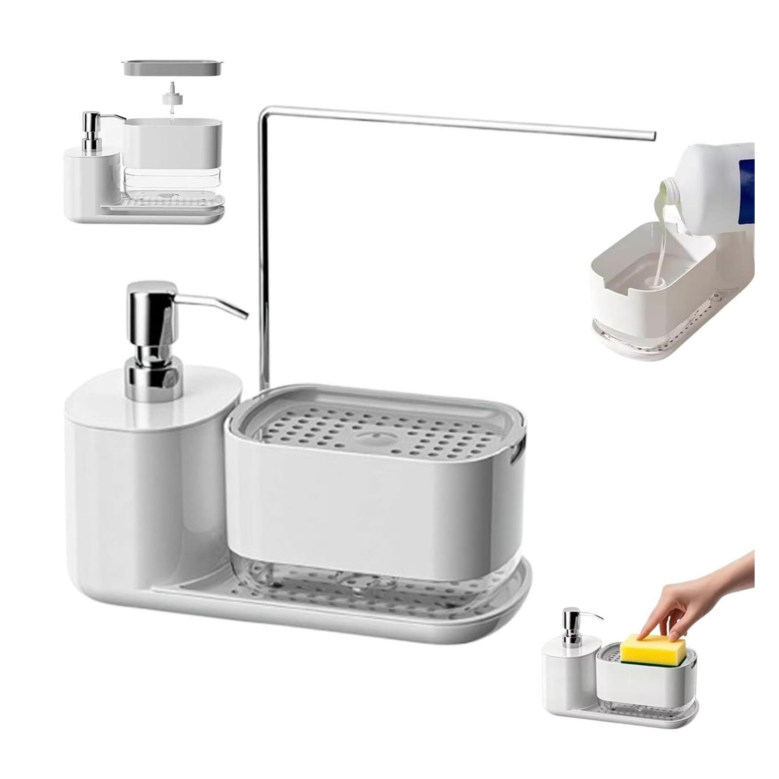 Bathroom Countertop Soap Kitchen Set with Tray and Sponge Holder 2025 New Dish and Hand with Dishcloth Decor and Accessories(White2)