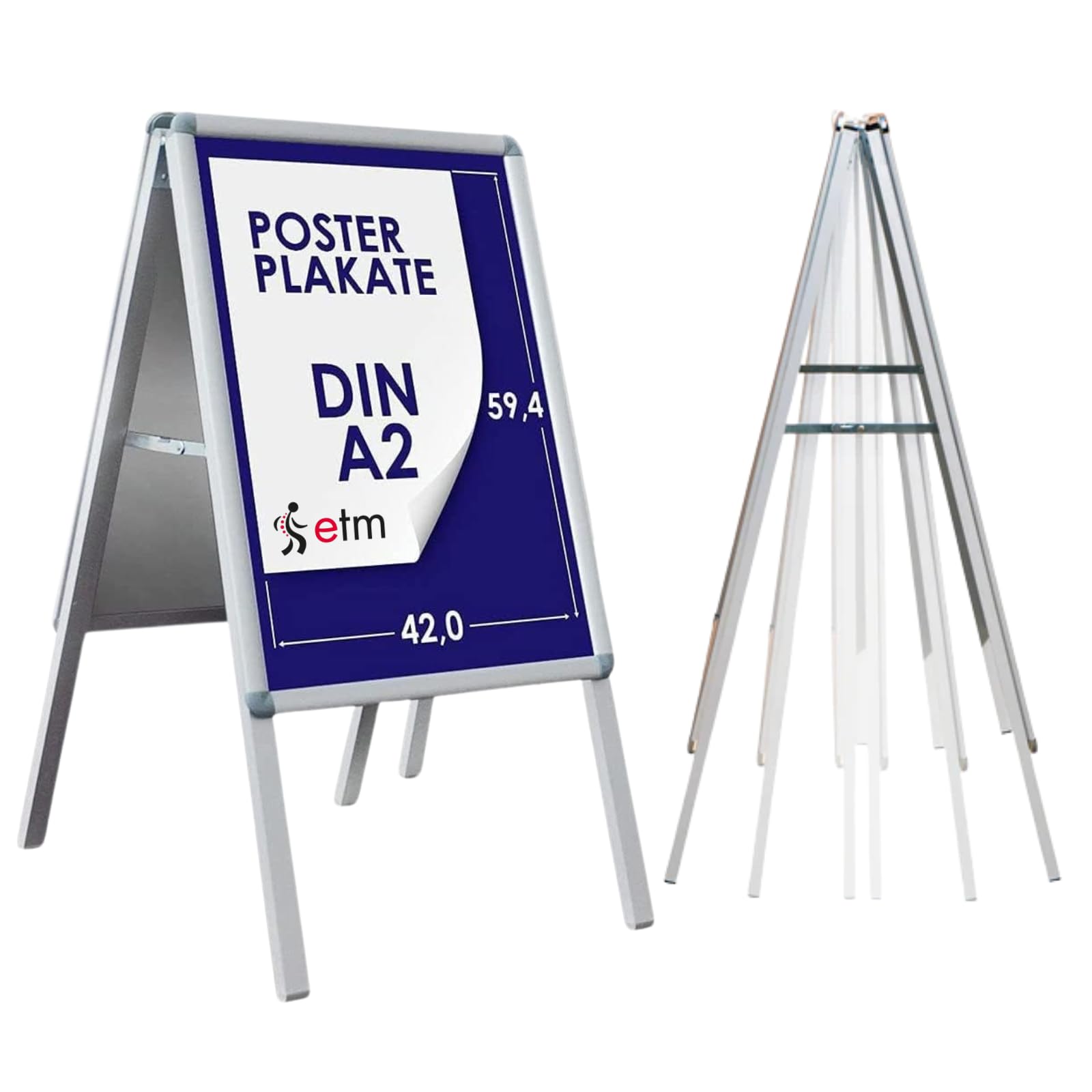 etm Kundenstopper DIN A2 - Big Sale für 2 Plakate mit Alu Rahmen 25mm - inklusive Schutzfolie - wetterfester Plakatständer - Gehwegaufsteller Werbetafel (DIN A2 - Silber, 59,4 x 42 cm)