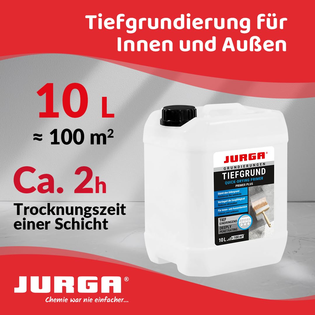 JURGA Tiefgrund LF (10L ca.50-100m²) Grundierung für Wand & Boden, Tiefengrund für Rigips Gipskarton Beton Estrich Putz SB-Platten