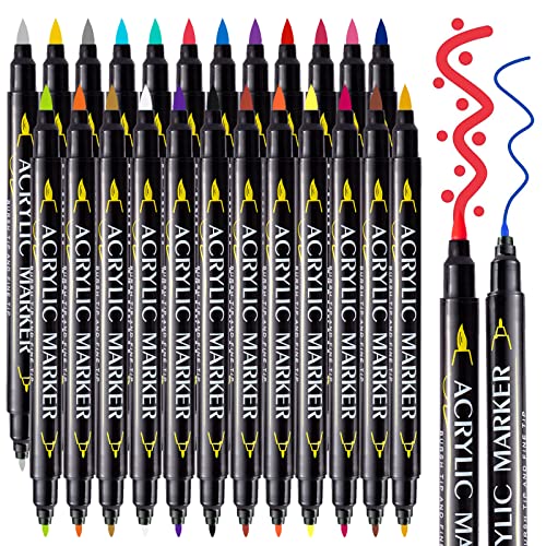 Miaeowve 24 Colors Dual Tip Acrylic Paint Pens Paint Markers, Acrylic Markers Waterproof Quick Drying Never Fade for Paper, Rock, Wood, Ceramic, DIY Craft