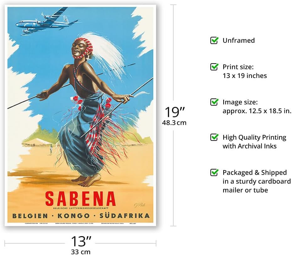 Belgien Kongo Sudafrika (Belgium Congo South Africa) - Sabena Airlines - African Tribal Dancer - Vintage Airline Travel Poster by CJ Pub c.1950s - Master Art Print (Unframed) 13in x 19in