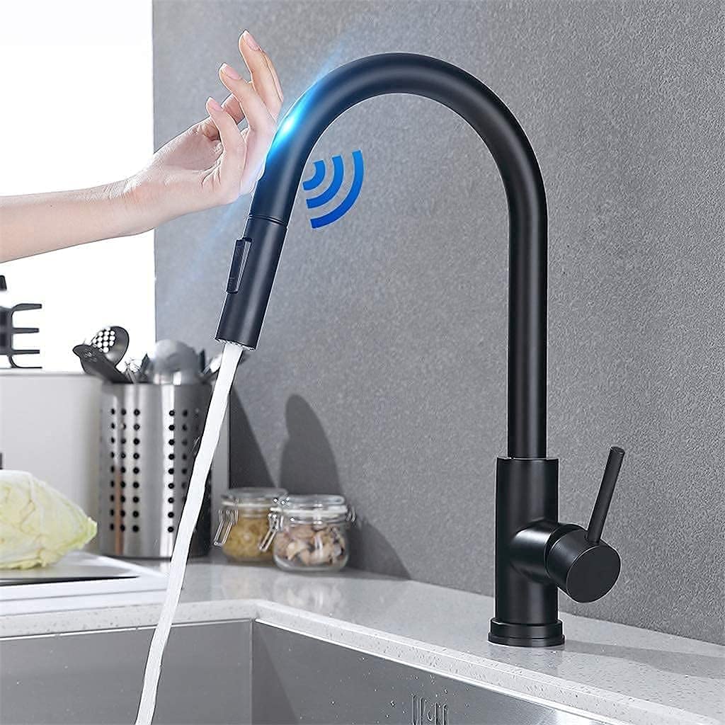 Grifos de cocina con sensor negro extraíble, grifo mixto de inducción inteligente de acero inoxidable, grifo para fregadero con control táctil (color: Cromo) wisdom