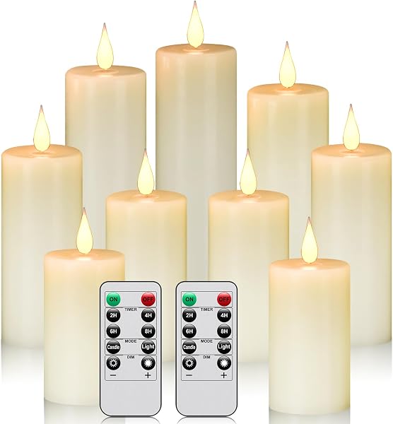 Biyanuo Flameless Battery Operated LED Candles with10 Key Button Remote Control 24-Hour Timer Set of 9 Electric Flickeri
