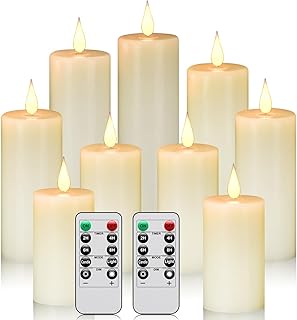 Flameless Battery Operated LED Candles 3D Wick with10 Key Button Remote Control 24-Hour Timer Set of 9 Electric Flickering Pillar Real Wax ApplyTo Party, Wedding,Dinner， Home Decoration
