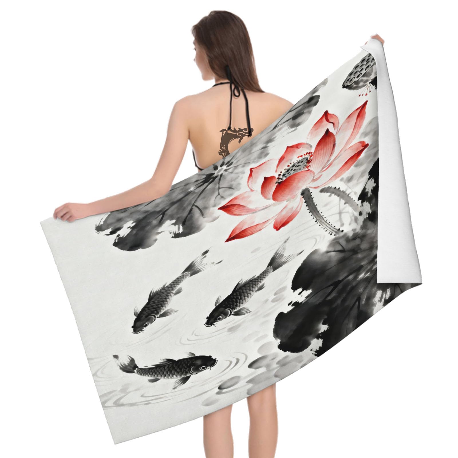Leichong 3D Chinese Lotus Painting Beach Towel Microfiber Soft Quick Dry for Adults, Oriental Art Bath Towel Lightweight Soft Absorbent for Travel Swimming Pool Sports, 75 x 150 cm