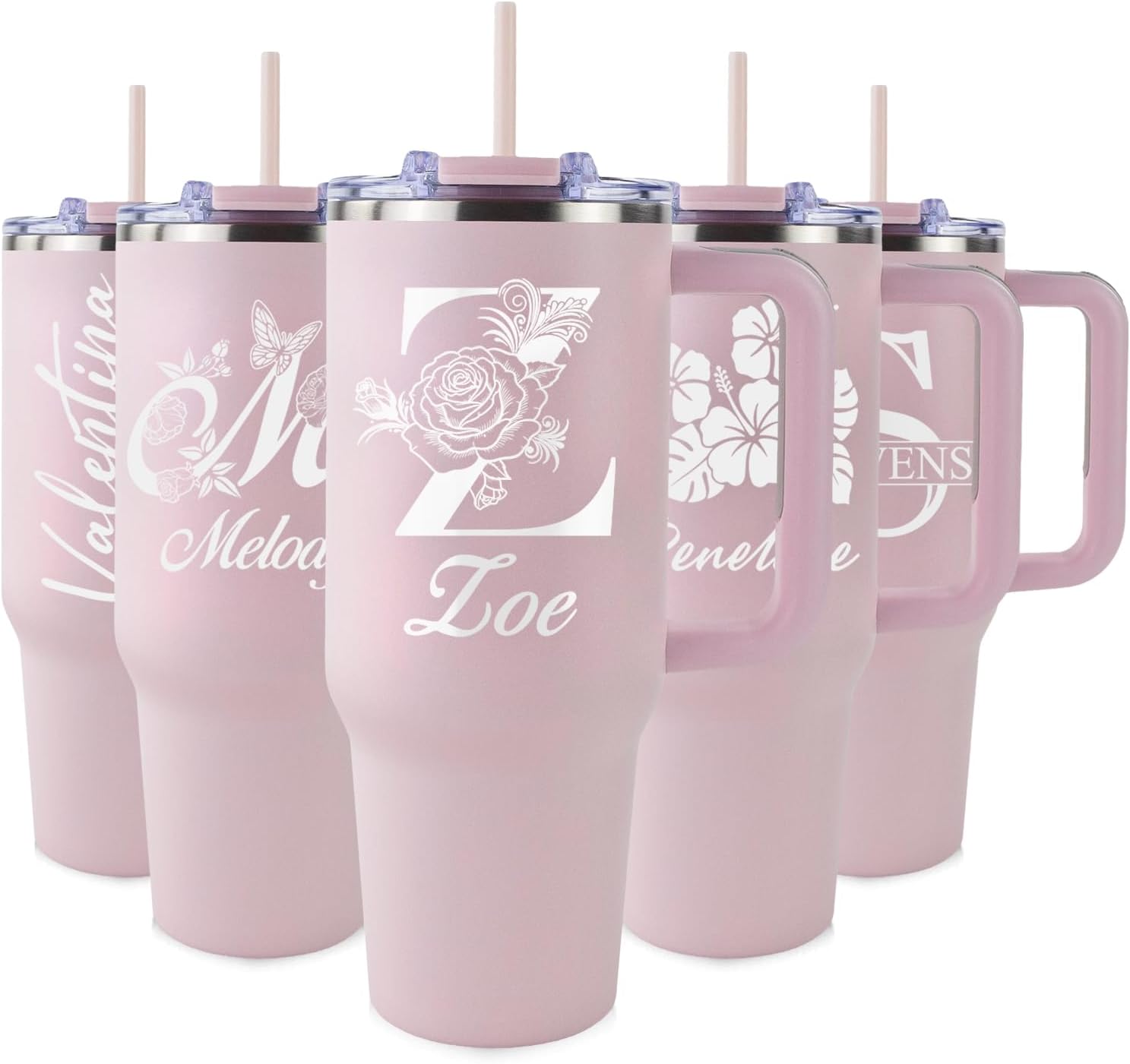 Personalized 40 oz Engraved Tumbler, With Handle, 2 Straws, Brush and Pad, Custom Stainless Steel Insulated Travel Cup, Double-Wall, Keeps Drinks Hot & Cold, Gift for Him, Her, Teen. (Light Pink)
