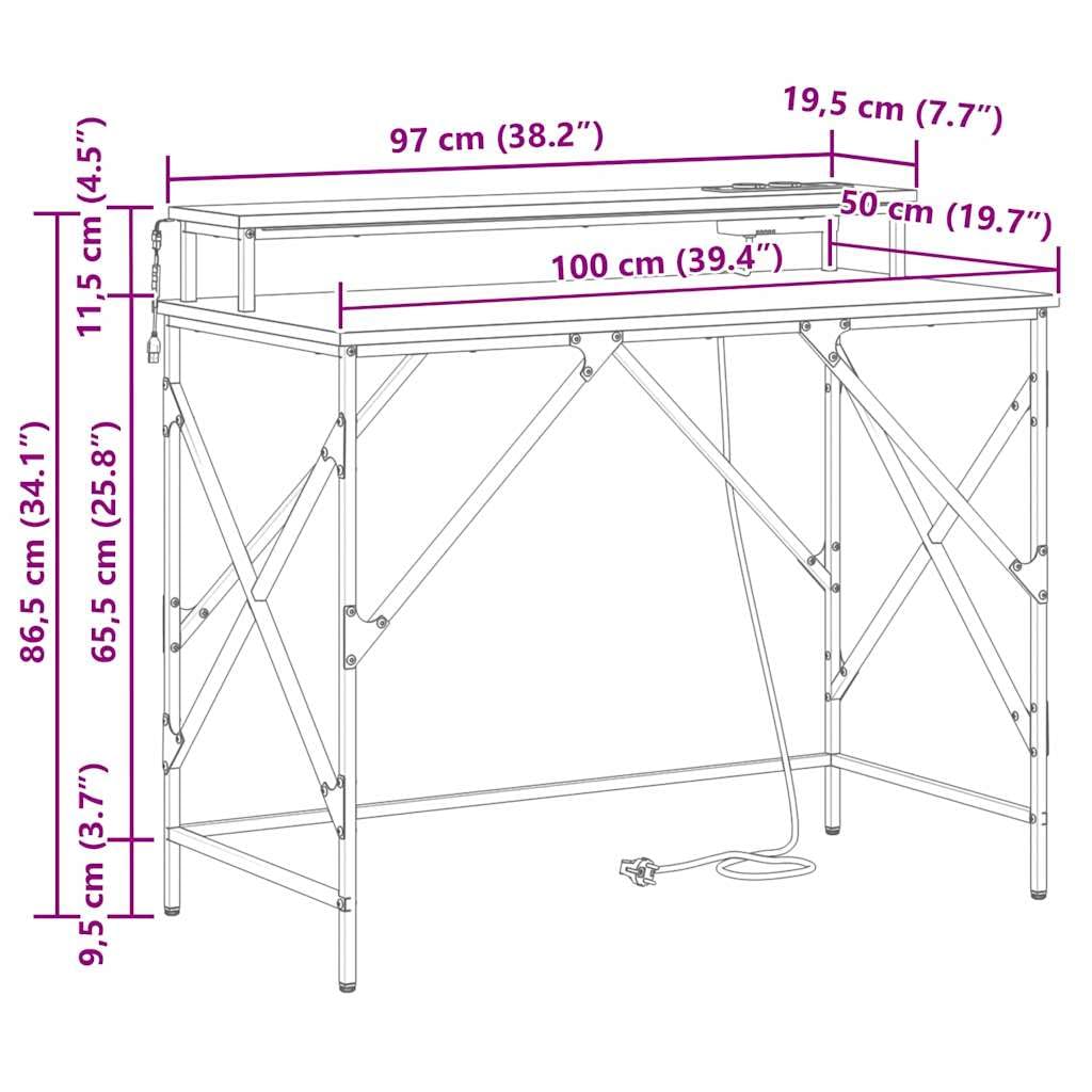 Bureau chêne Sonoma en Bois d'ingénierie 100 x 50 x 86,5 cm avec Cadre Acier, éclairage LED Multicolore, Station de Charge intégrée pour Espace Travail Maison Bureau Gamer