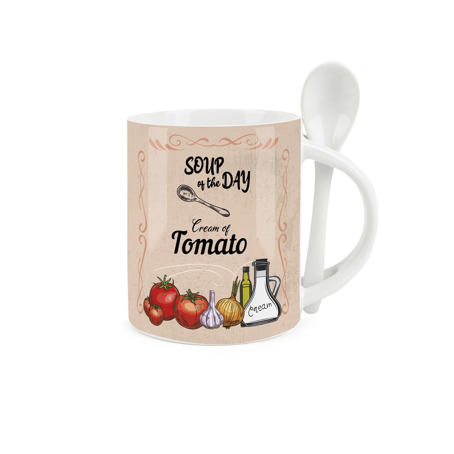 Purely Home Soup Mug and Spoon Set - Cream of Tomato Soup of The Day - Ceramic White & Orange Soup Mug with Spoon in Handle