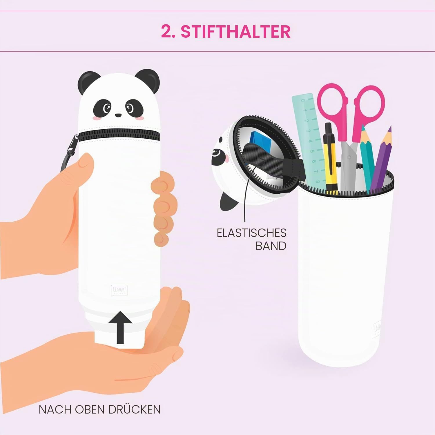 LEGAMI Set mit 10 radierbaren Gelstiften + Panda 2-in-1-Federmäppchen – mit thermoempfindlicher Löschtinte, einer Vielzahl von Tintenfarben und Schaftdesigns, 0,7 mm Spitze
