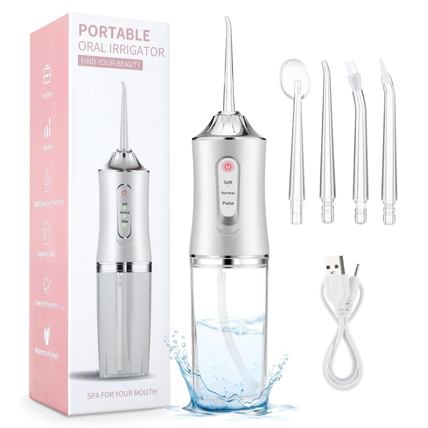 Cordless Water Flosser for Teeth Cleaning, Portable Oral Irrigator with 4 Jet Tips, 3 Modes, 220ml Capacity, USB Rechargeable Dental Flosser for Gum Care, Braces and Travel Use