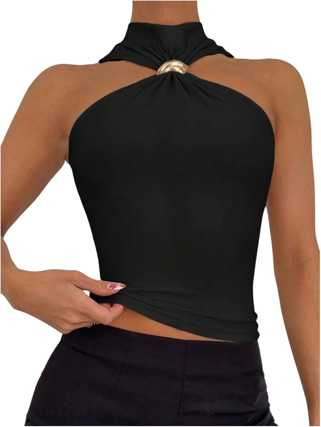 Milumia Women's Metal Mock Neck Ruched Tank Top Sleeveless Slim Fit Going Out Tops - Image 5