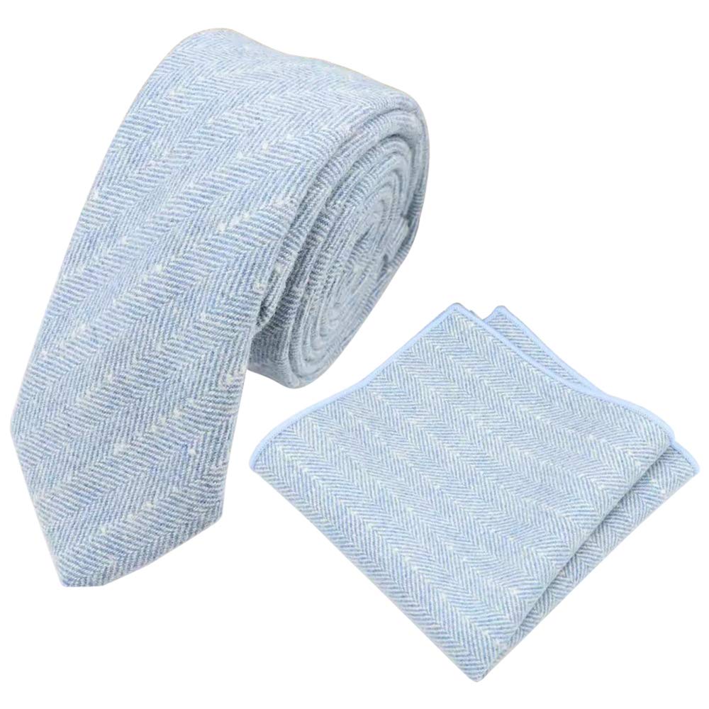 Db Dickie Bow Men's Blue Herringbone Luxury Wool Skinny Neck Tie & Pocket Square Set (Blue Herringbone) - Suitable For Formalwear, Office, Weddings, Parties, Grooms & Grooms Outfits