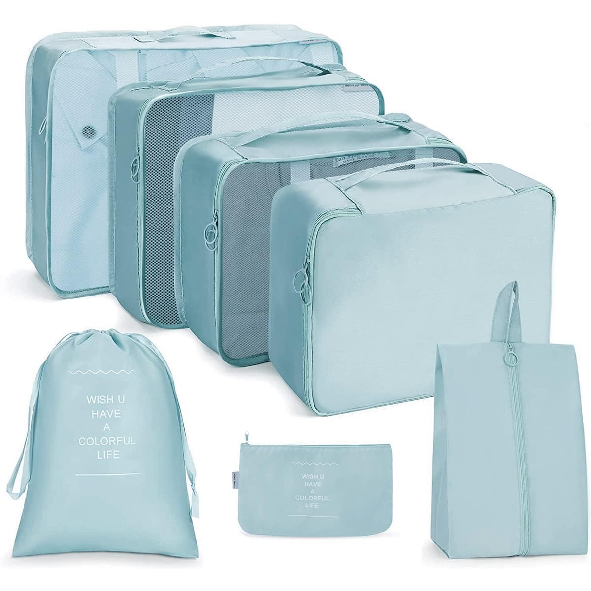 7Pcs Travel Packing Cubes Set with Shoe Bag, Cosmetic Pouch, Drawstring Bag and Toothbrush Holder, Zippered Storage Organizers-image-44