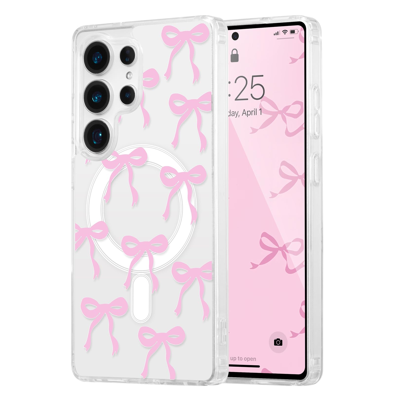 UEEBAI Magnetic for Samsung Galaxy S24 Ultra Case, Bow Case Compatible with MagSafe, Wireless Slim Clear Ribbon Aesthetic Phone Cover Anti-Yellowing