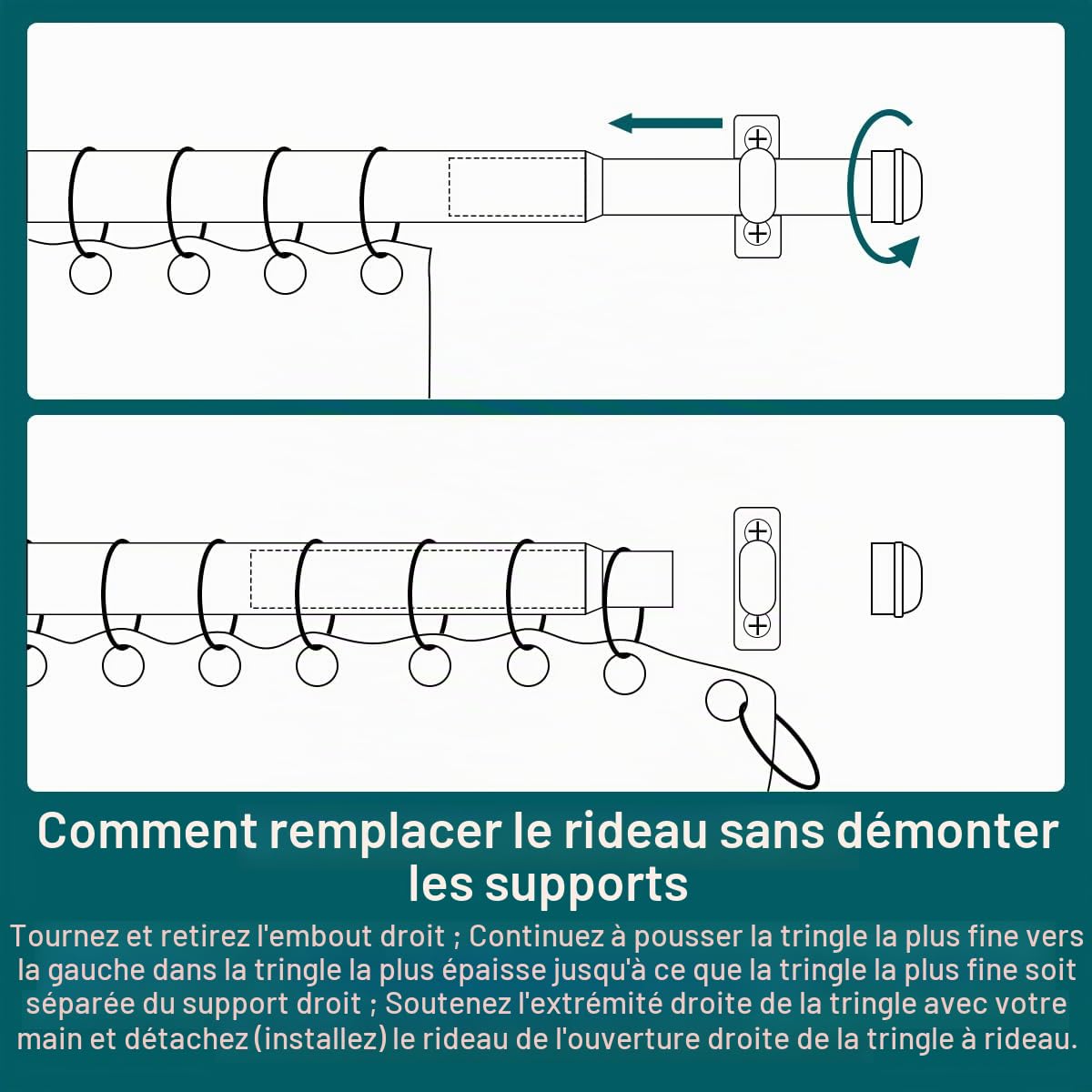 Tringle à rideaux pour fenêtres avec embout rond, 80-300 cm, Tringle à rideaux réglable pour montage au plafond robuste avec supports, Tringle à rideaux murale pour rideaux suspendus