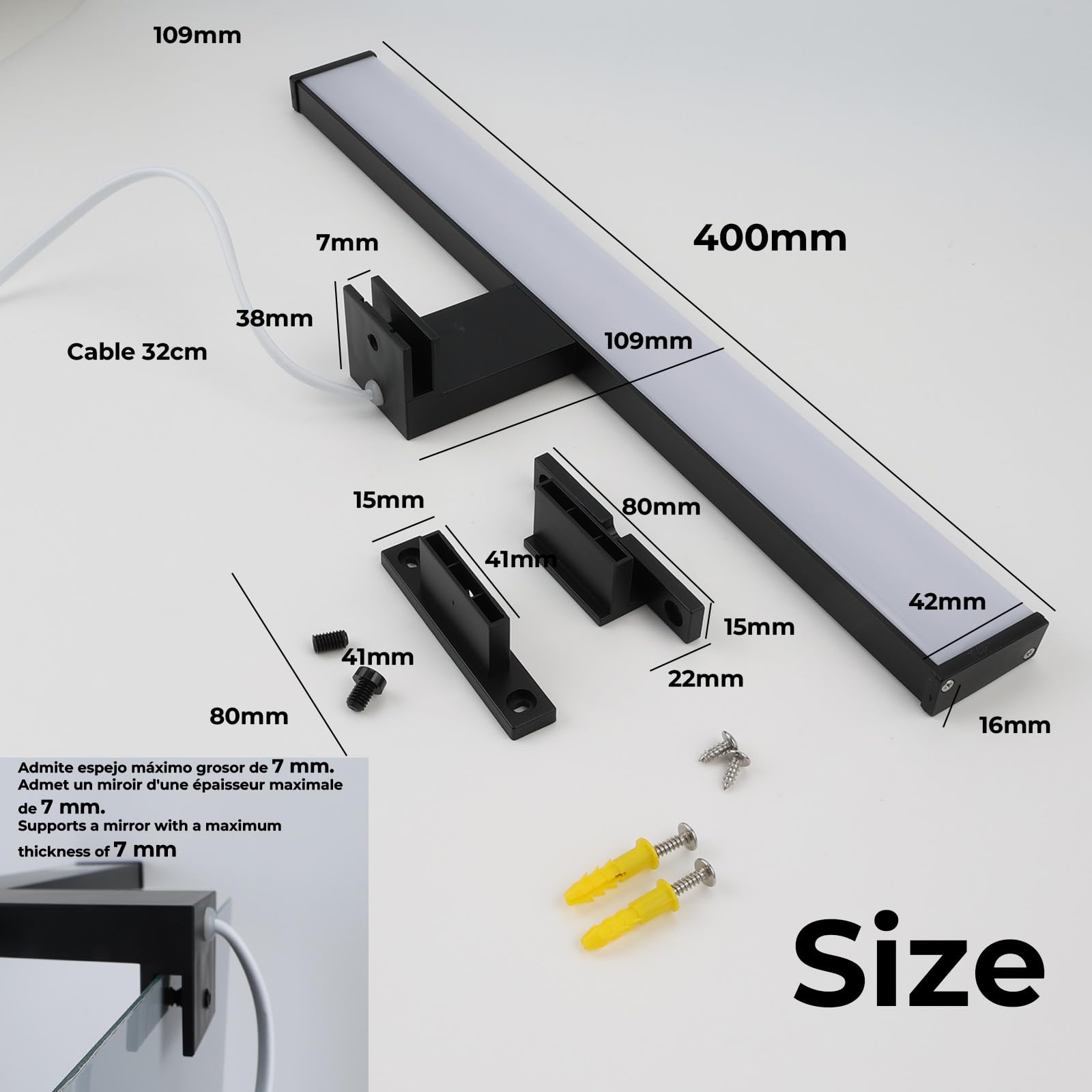 Alpinaluz Aplique LED para Espejo de Baño – Luz Blanca Neutra 4000K – IP44 – Carcasa de Aluminio y Soportes en Policarbonato Negro – Montaje en Espejo, Pared o Mueble (40cm 10W)
