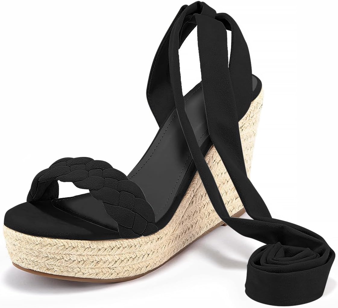 Syktkmx Womens Braided Wedge Espadrille Sandals Lace Up Slingback Open Toe Summer Platform Heeled Shoes - Image 6