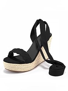 靴 DIANTE Mode wedge sandal Scoop Women's Angled Strappy Wedge Sandals, Black, Size: 10
