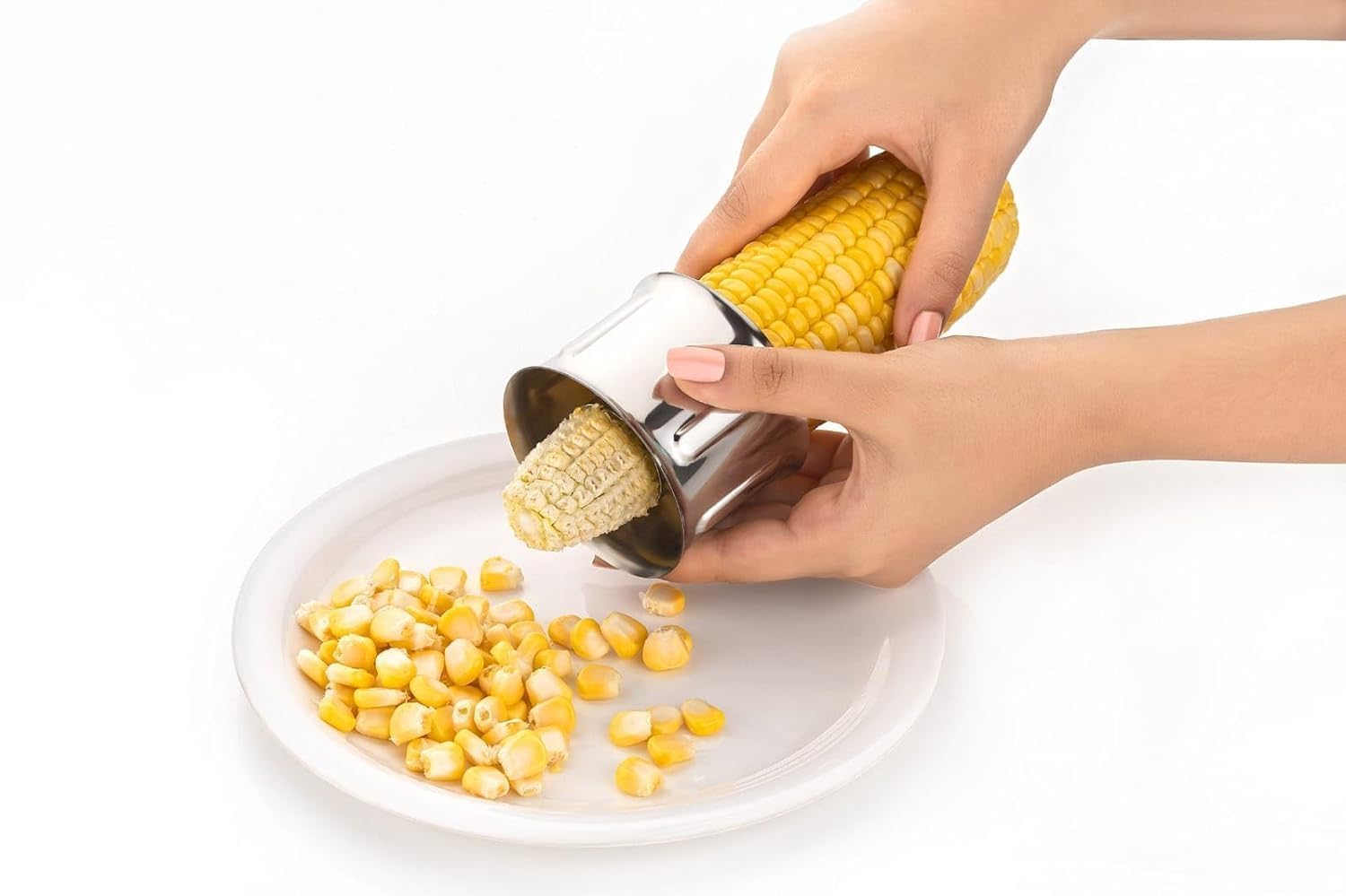 Stainless Steel Corn Cutter Cob Stripper Kernels Remover with Hand Protector Sharp Serrated Blade Kitchen Tool for Quick Corn Peeling Silver