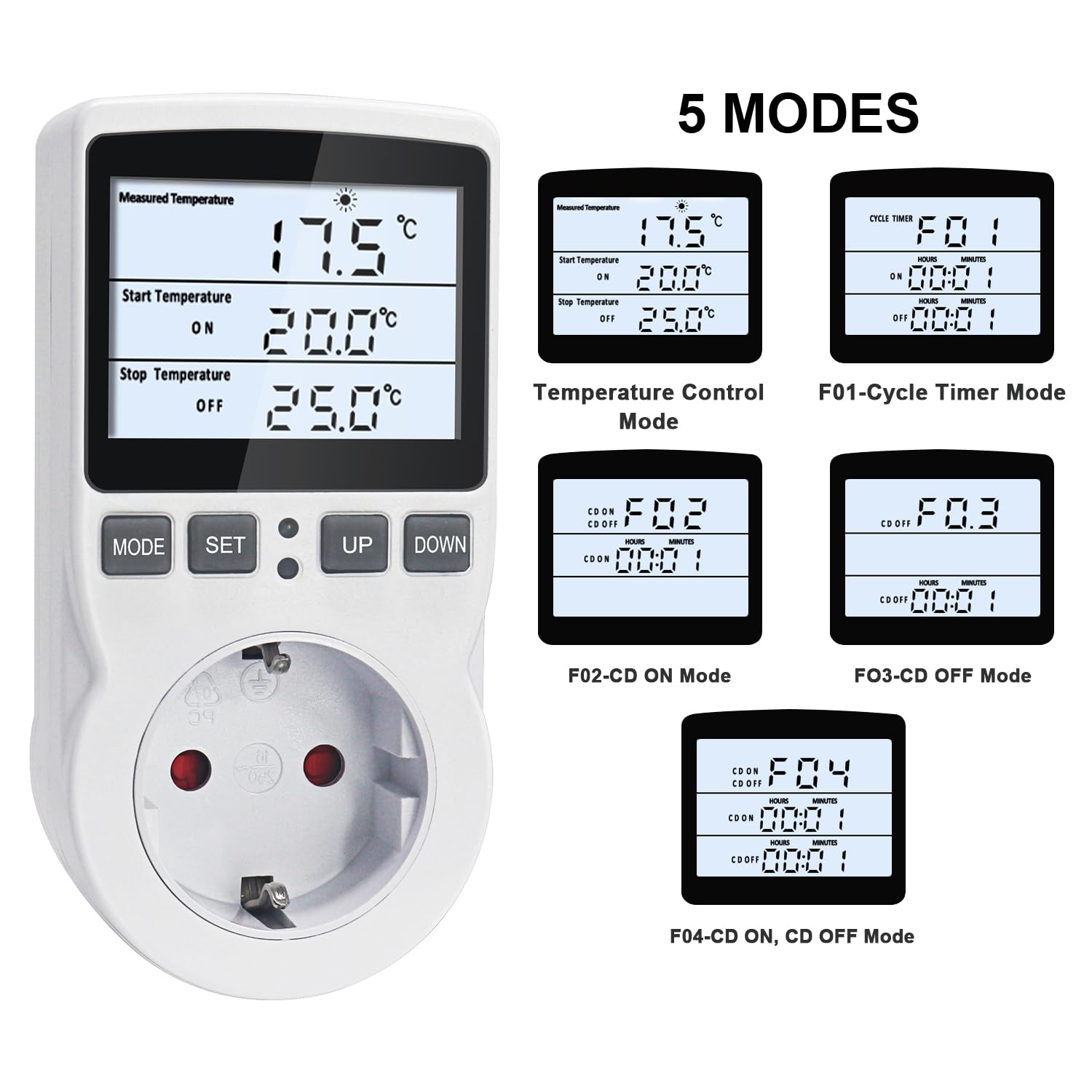 KETOTEK Termostat gniazdko 230 V z podświetleniem, cyfrowy regulator temperatury, gniazdko z czujnikiem 3 m, ogrzewanie, chłodzenie, sterowane temperaturą, gniazdko 220 V