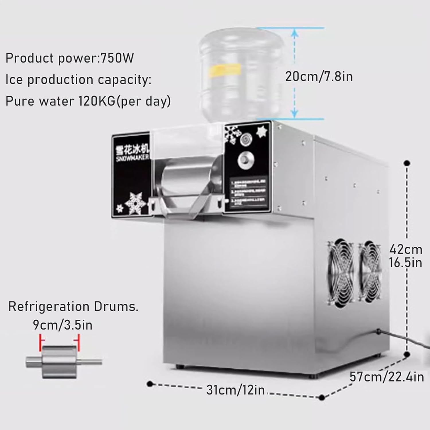 Commercial Electric Ice Crusher Machine Smoothie Machine 60/120/180 kg/Day Snow Cone Shaver Dual Barrel Ice Crusher Speed Adjustable for Snow Cones, Shaved Ice, Milktea Shops,C-120KG