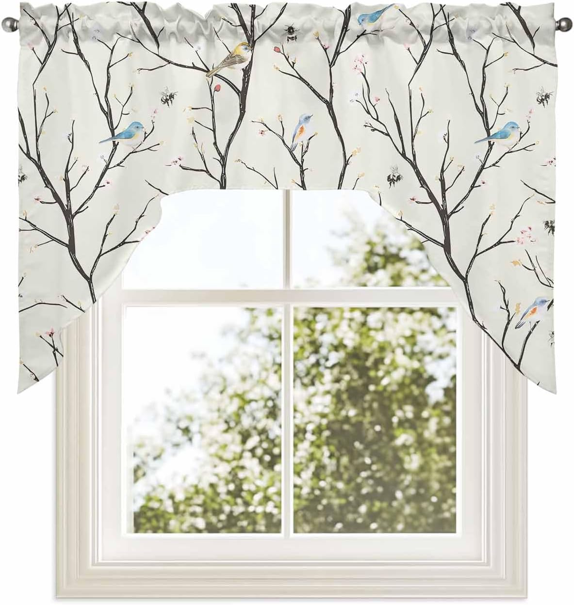 Swag Kitchen Curtains and Valances Set Bird Swag Curtain Valances and Tier Set Vintage Floral Tree Branch Rod Pocket Curtain Drapes for Kitchen Living Room Bedroom Window Treatment 56"x36"+27.5"x36"