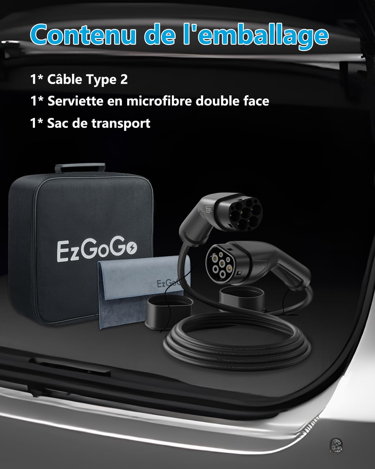 EzGoGo Type 2 Câble Recharge Voiture Electrique, 22kW / 32A / Triphasé / 5 mètres/Mode 3, Câble de Charge Rapide Hybride Plug-in pour Véhicule Électrique de Type 2