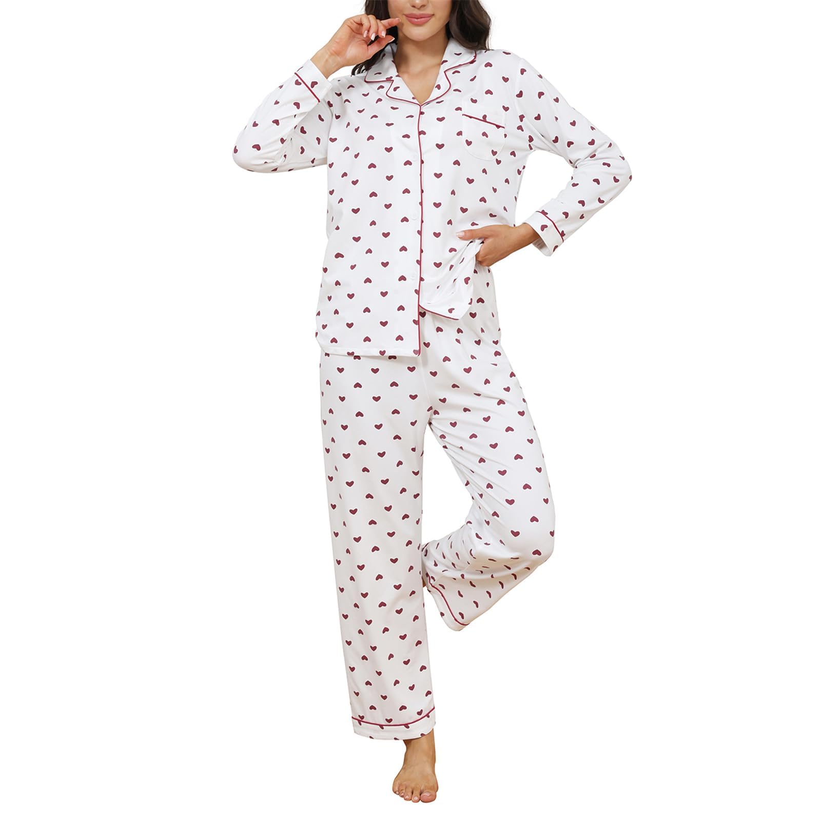 Cotton Pajamas for Women Set, Long Sleeve Button Down Shirts and Pants Soft Sleepwear Cute Pjs 2 Piece Lounge Wear Sets