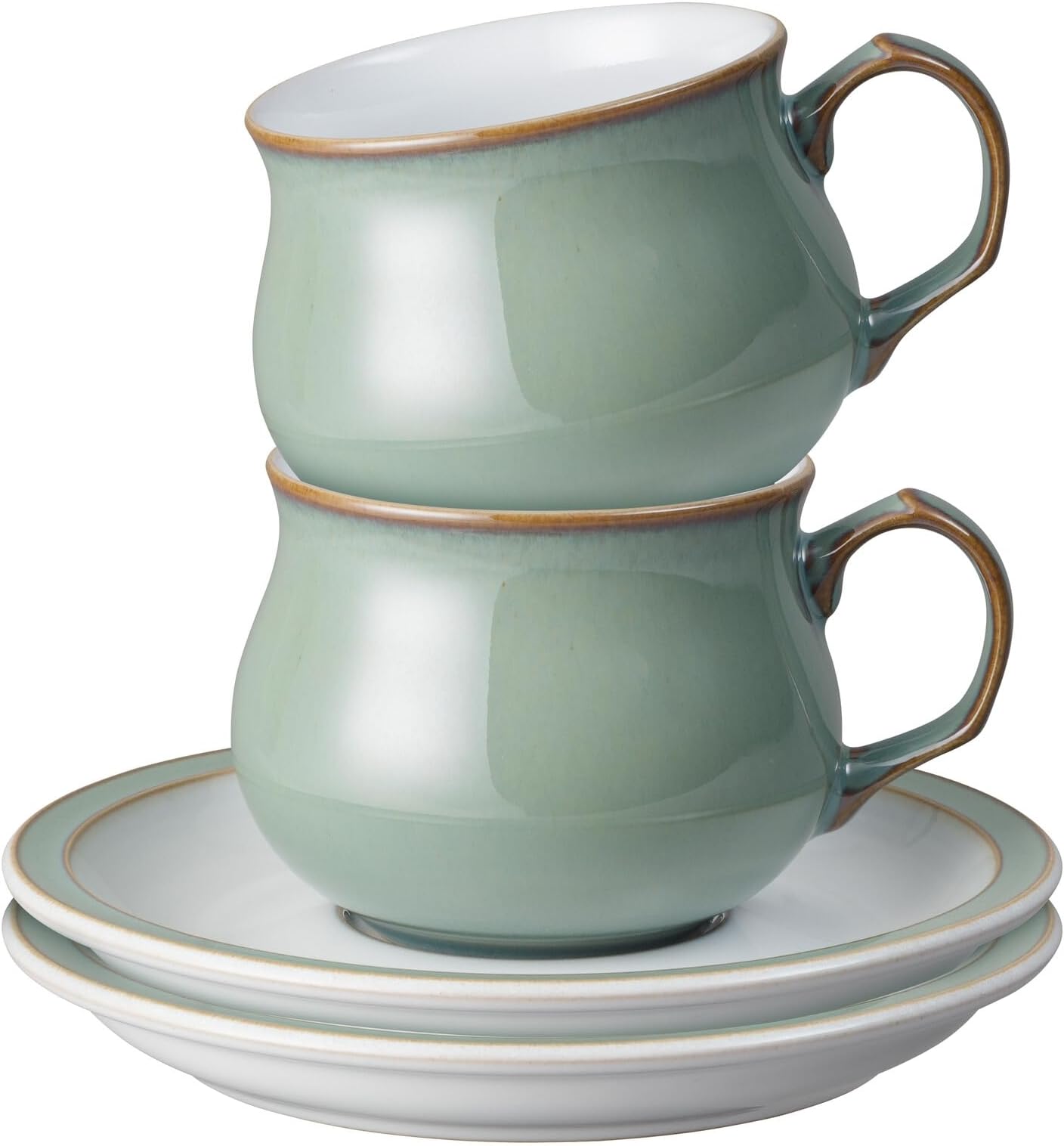 Denby - Regency Green Tea Cup and Saucer Set of 2 - 200ml Stoneware Ceramic Coffee Mug and Saucer Set - Tea Party Set - Dishwasher Safe, Microwave Safe - Green, White - Chip Resistant