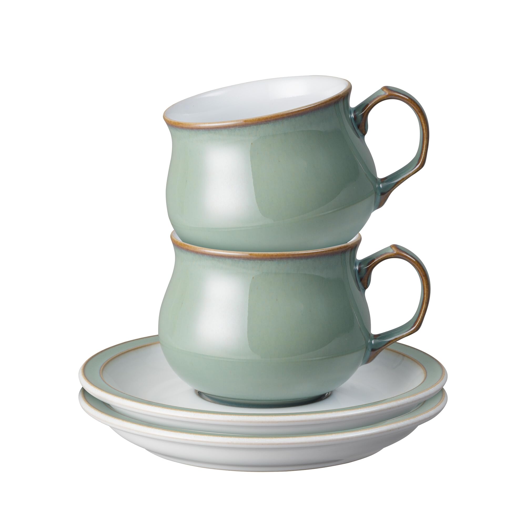 Denby - Regency Green Tea Cup and Saucer Set of 2 - 200ml Stoneware Ceramic Coffee Mug and Saucer Set - Tea Party Set - Dishwasher Safe, Microwave Safe - Green, White - Chip Resistant