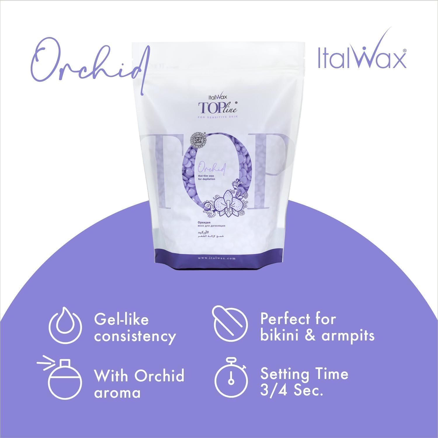 Italwax Top Line Orchid - 750g - Cera elástica en perlas para depilaciòn sin bandas - Formulación sintética ideal para pieles sensibles - Recomendado para la zona bikini y las axilas – Aroma orquídea