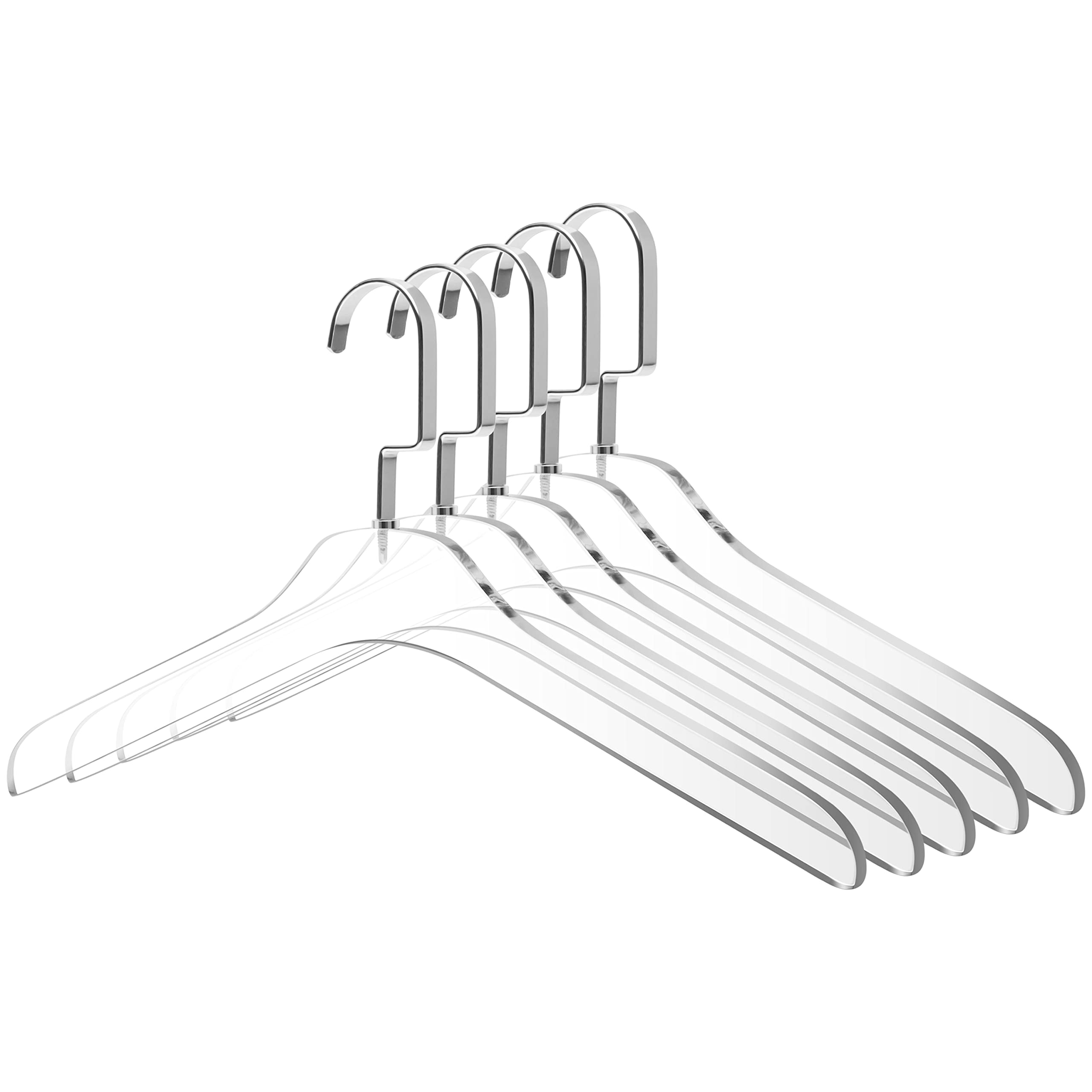 Quality Hangers Gloss Silver/Chrome Quality Clear Acrylic Lucite Coat Suit Hangers, Stylish Clothes Hanger With Silver Hook - Coat Hanger For Dress - Closet Organizer Adult Hangers - 5 Pack