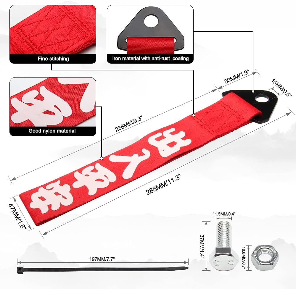Car Modification JDM Sports Red Racing Tow Strap Personalized with Chinese Slogan Traction Rope Trailer Hook HF Fit for Front or Rear Front Bumper Decorative Trailer Belt (A)