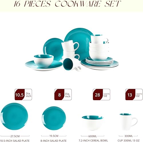Miniatura 2 de juego de vajilla de gres en forma de cupé de 16 piezas, exterior blanco + interior turquesa