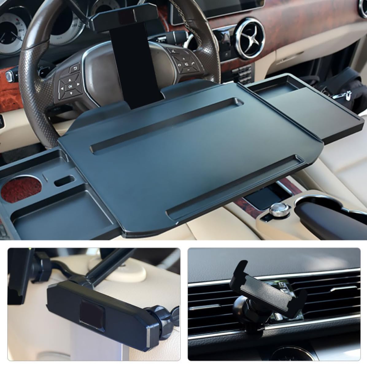 Ciieeo Tavolo Pieghevole per Auto, Schienale Sedile, ABS Alluminio Nero