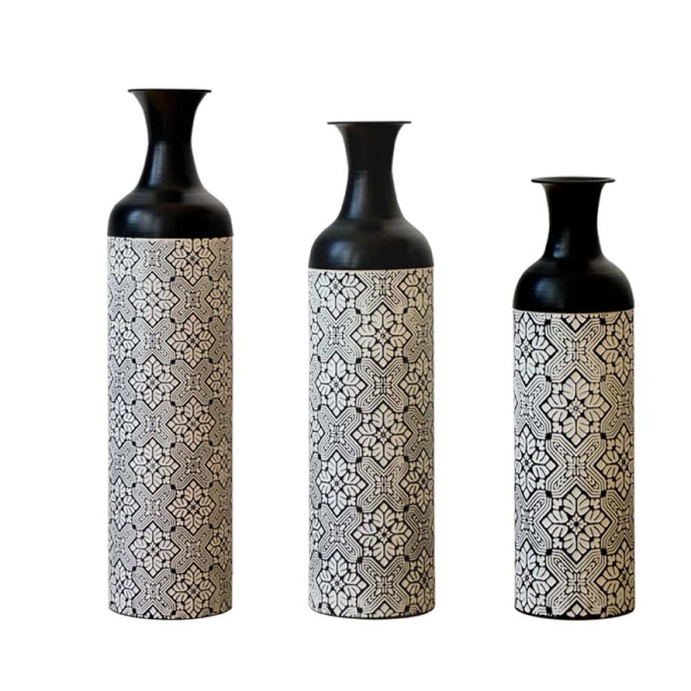 OCACA Juego de 3 jarrones de suelo de metal en blanco y negro – jarrones altos retro en 83/65/50 cm para hierba de las Pampas y flores secas – Elegante decoración de salón y pasillo en moderno diseño