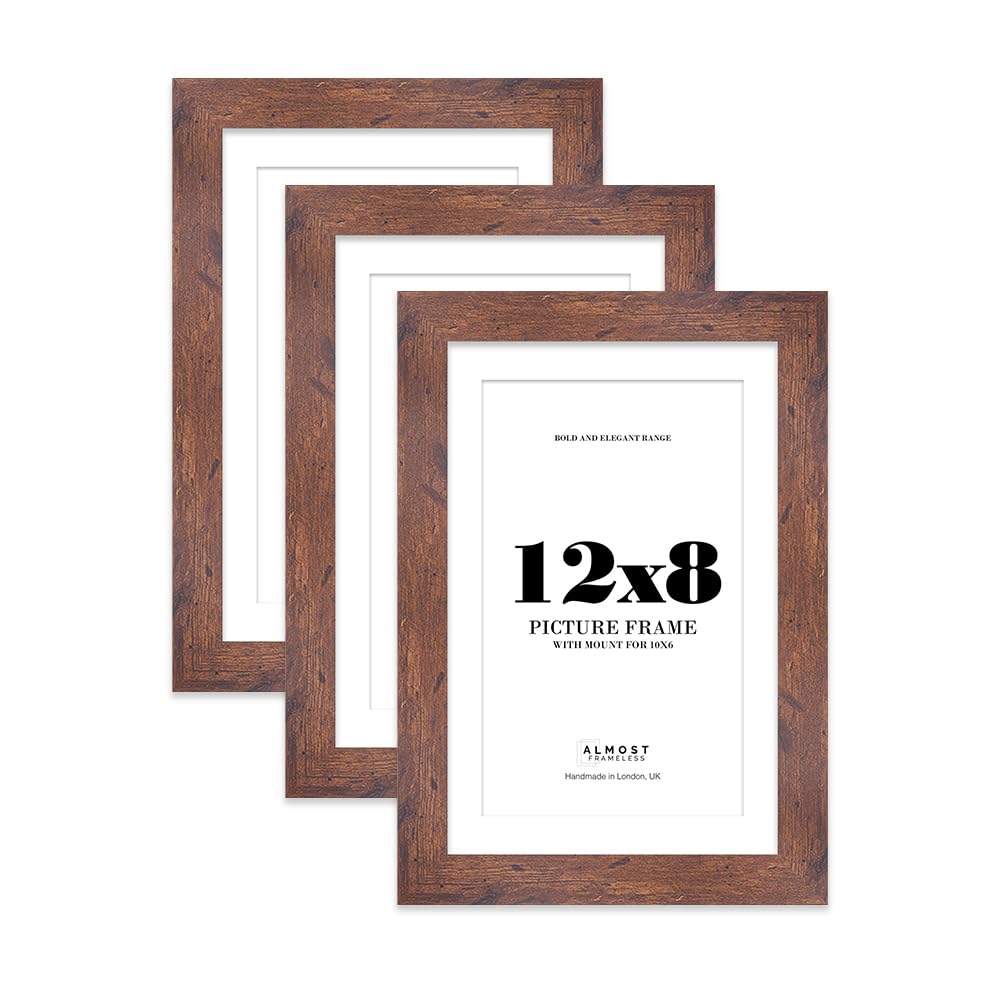 12x8 Rustic Wood Frame With Mount for 10x6 Pictures 28mm Edge Portrait and Landscape Display with Wall Hooks and Kickstand, 3 Pack