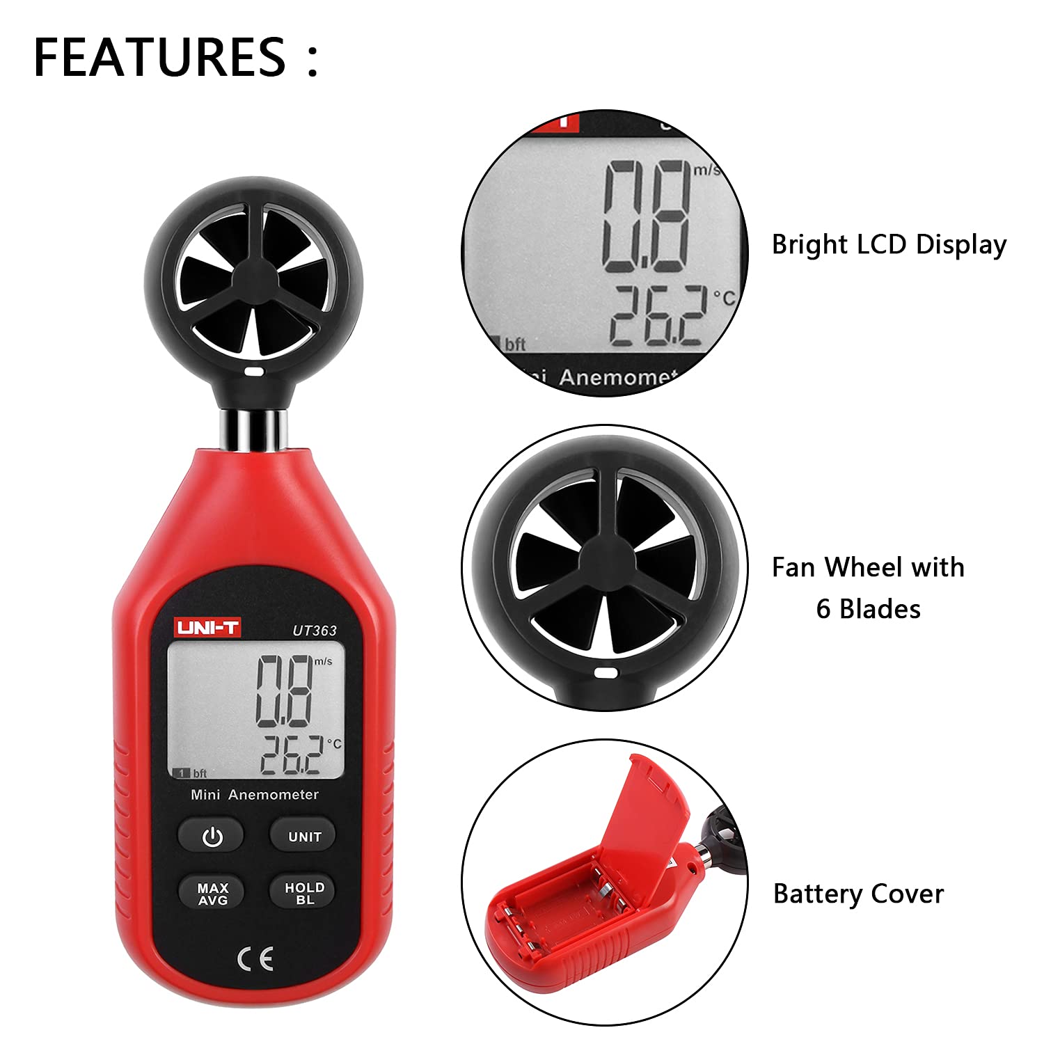 UNI-T UT363 Anemómetro Digital Portátil Pantalla LCD Medidor Velocidad Viento Aire