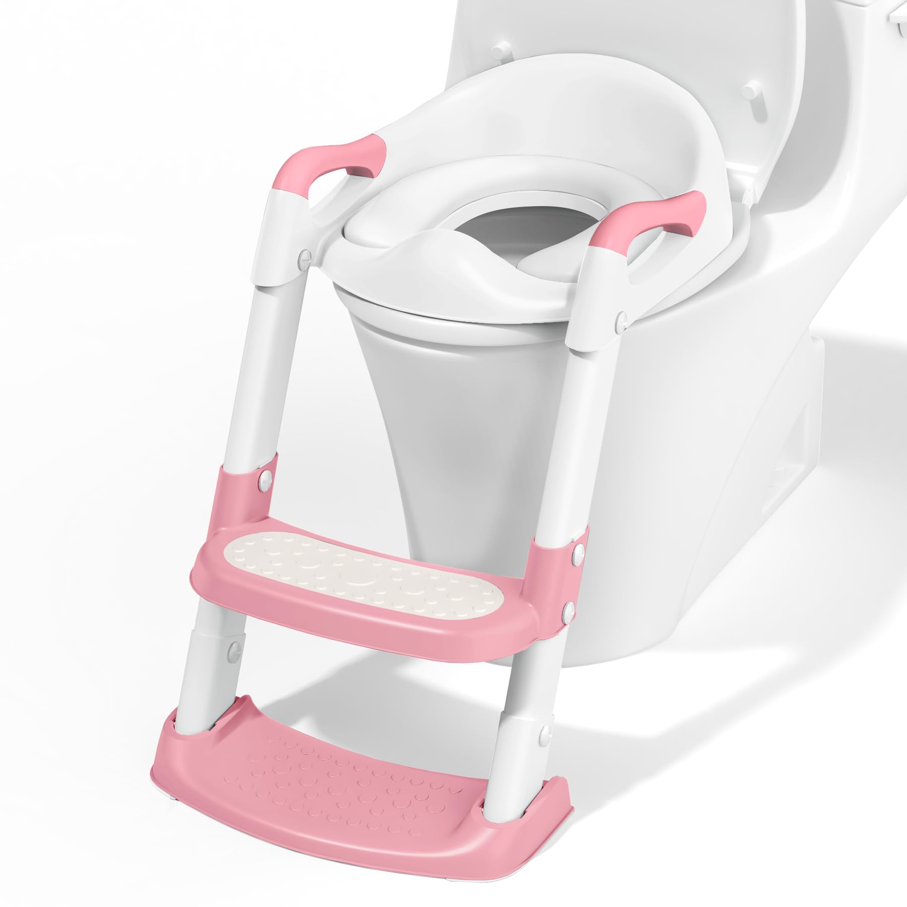 COOSEYA Potty Training Toilet with Step Stool Ladder, Toddler Kids Potty Training Seat for Boys Girls, Foldable Anti-Slip Toilet Toddler Seat Splash Guard Soft Cushion Safety Handles (Pink)