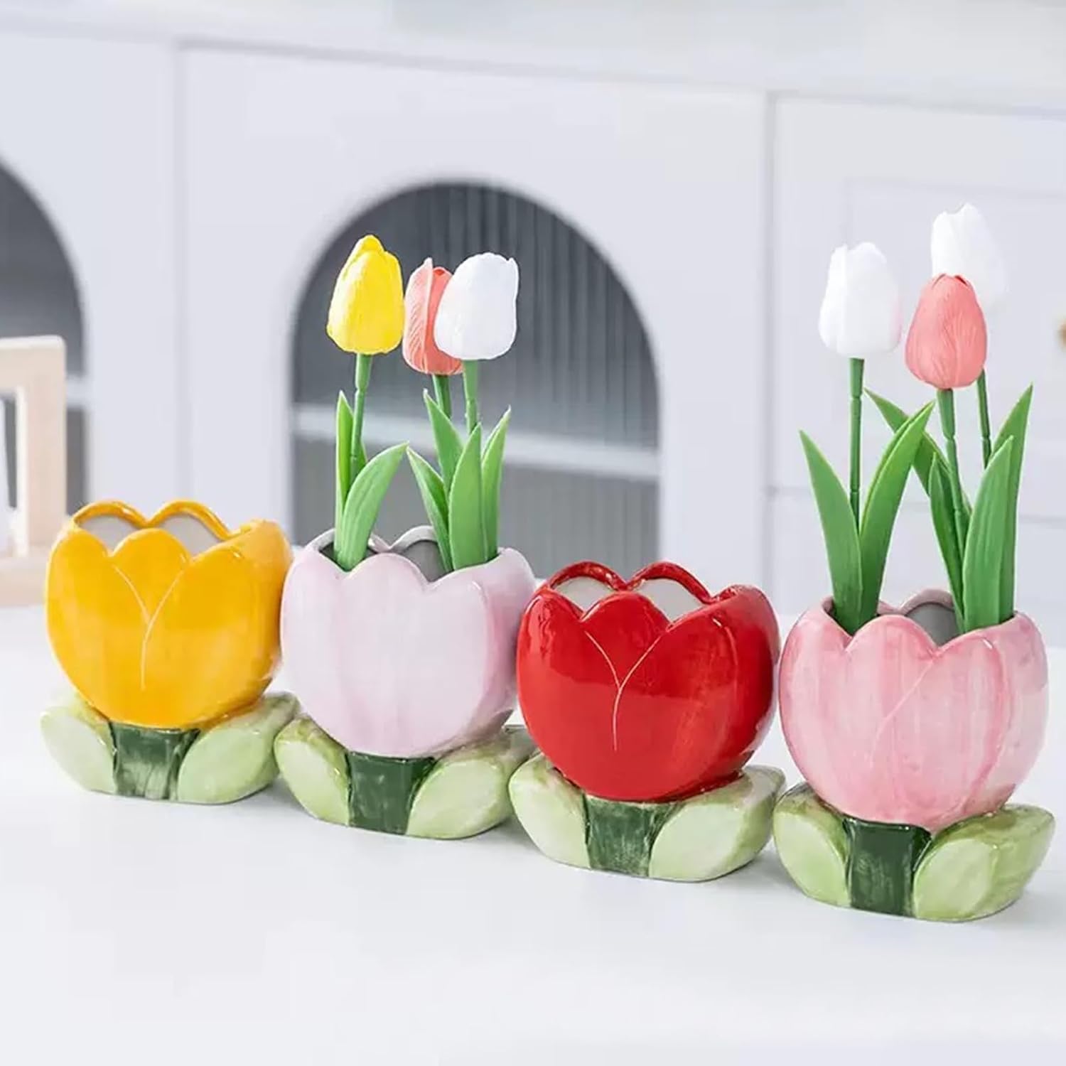 Ceramic Tulip Cosmetic Storage Box, Desktop Organizers Make Up Brush Storage Stand Desktop Storage Box for Brush,Pencil,Art Supplies, Painting Brush (Pink+Purple+Red+Yellow)
