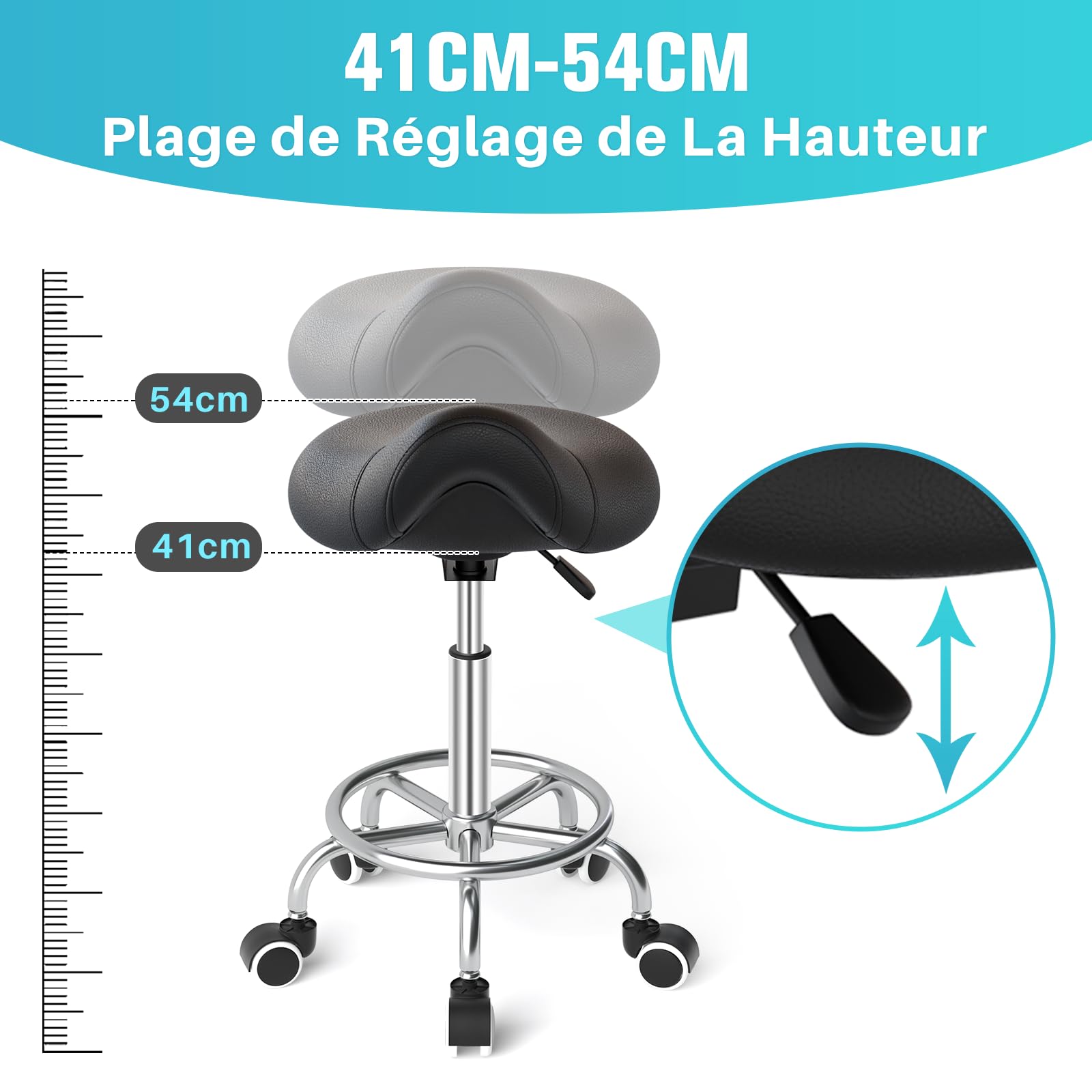 Tabouret de selle de cheval anti-mal de dos, tabouret ergonomique avec roues, tabouret esthétique réglable en hauteur de 46 à 59 cm, tabouret avec roues rembourrées pour dentiste (noir)