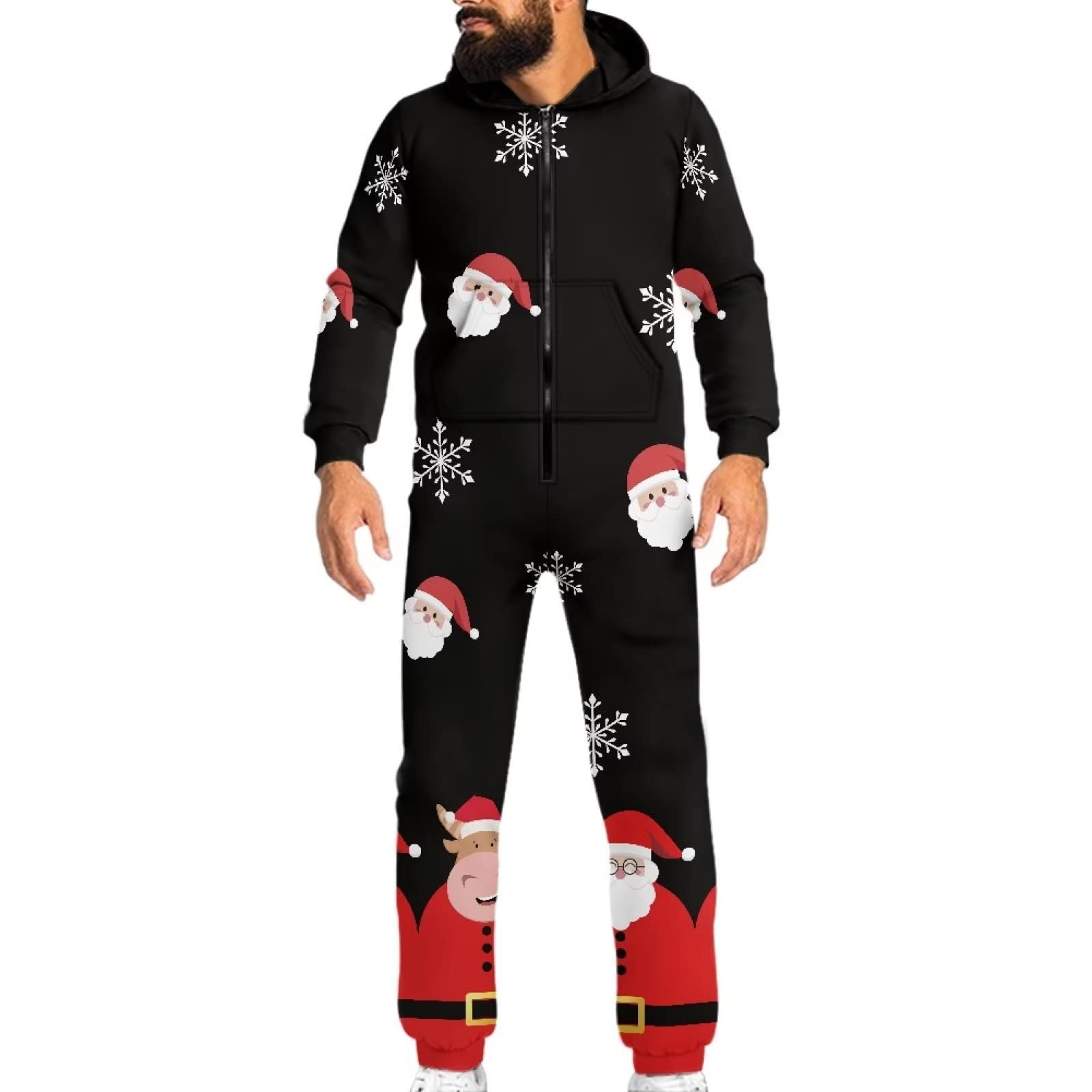 Conjunto de pijama unisex para mujeres y hombres, de manga larga con capucha y bolsillos con cremallera, Papá Noel de vaca navideña, L
