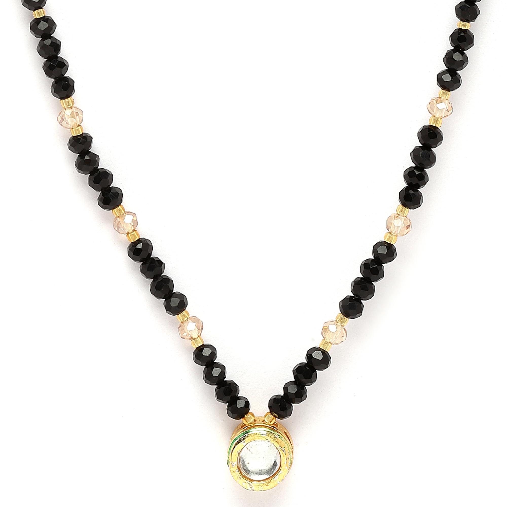 ZENEMEGold-Plated Black & White Artificial Stones Studded & Beads Beaded Locket Mangalsutra For Women