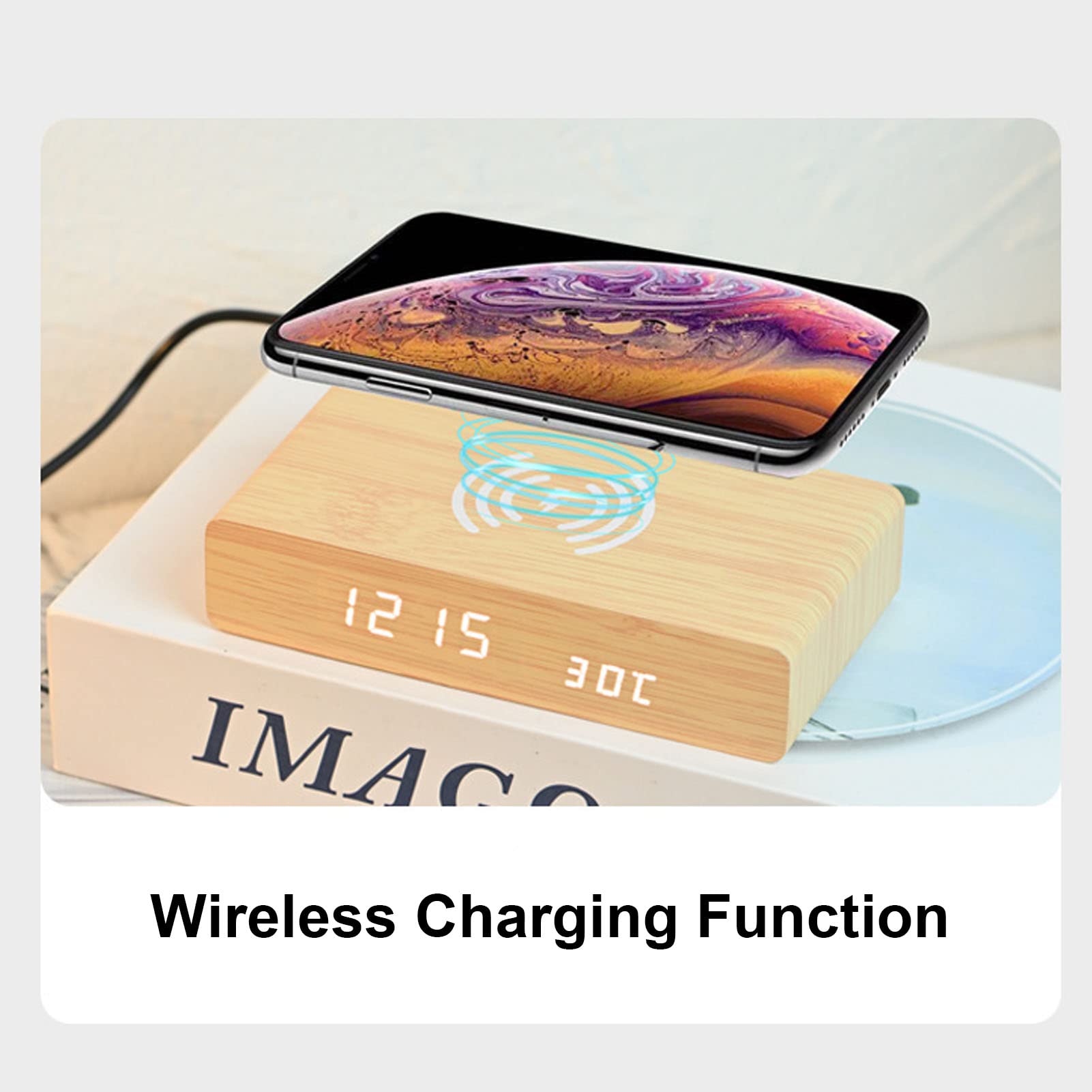 Sveglia in Legno con Ricarica Wireless, Display LED Dimmer a 3 Livelli, Temperatura e Data, Snooze, Schermo Spento, Legno di bambù, Ornamento Decorativo, Regali per Bambini
