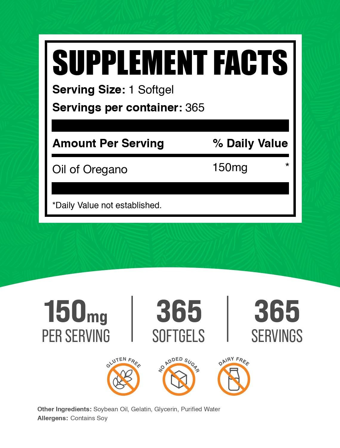 BulkSupplements.com Oil of Oregano Softgels - Oregano Oil Supplement, Oil of Oregano 150mg - Herbal Supplement, Gluten Free, 1 Softgel per Serving, 365 Count (Pack of 1) — Amazon image 2
